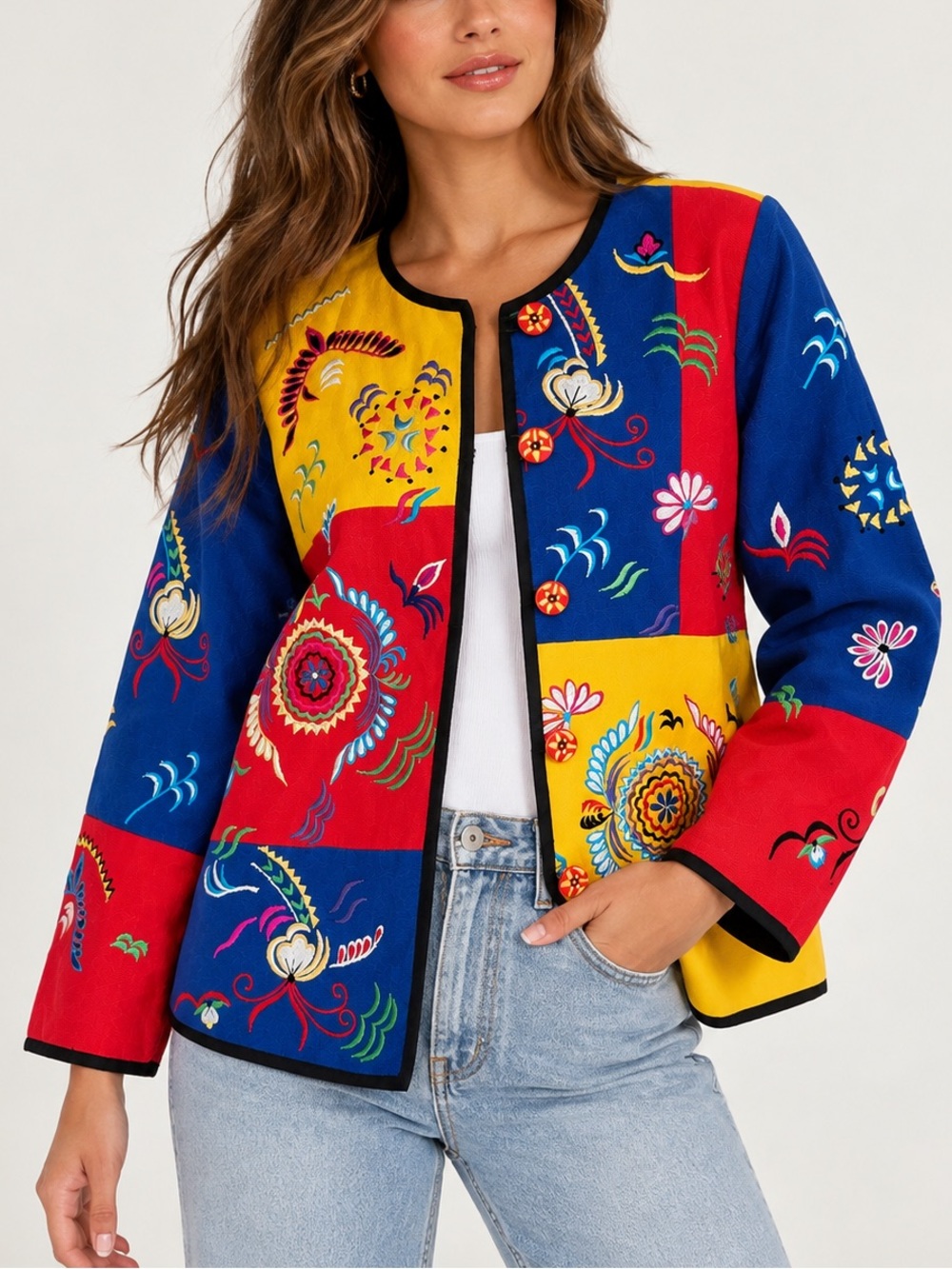 Vintage 90s Indigo Moon Embroidered Patchwork Jacket Wearable Art Multicolor S